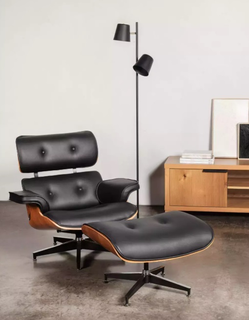 SILLON MILLER EAMES CON OTTOMANO CUERO NEGRO/WALNUT